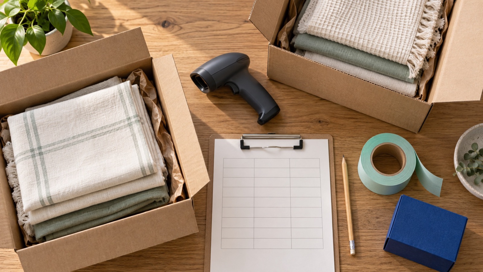 Overhead view of a receiving desk with open boxes, a barcode scanner and a clipboard